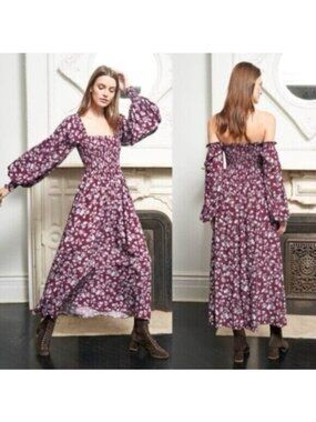 La Ligne Eloise Burgundy Periwinkle Silk Smocked Midi Dress Size XS